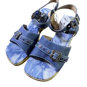 Solo Girls Denim Rhinestone Buckle Ankle‎ Strap Wedge Sandals Size 4